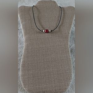 Brand New Handmade Red, White & Peacock Pearl & Black Leather Necklace